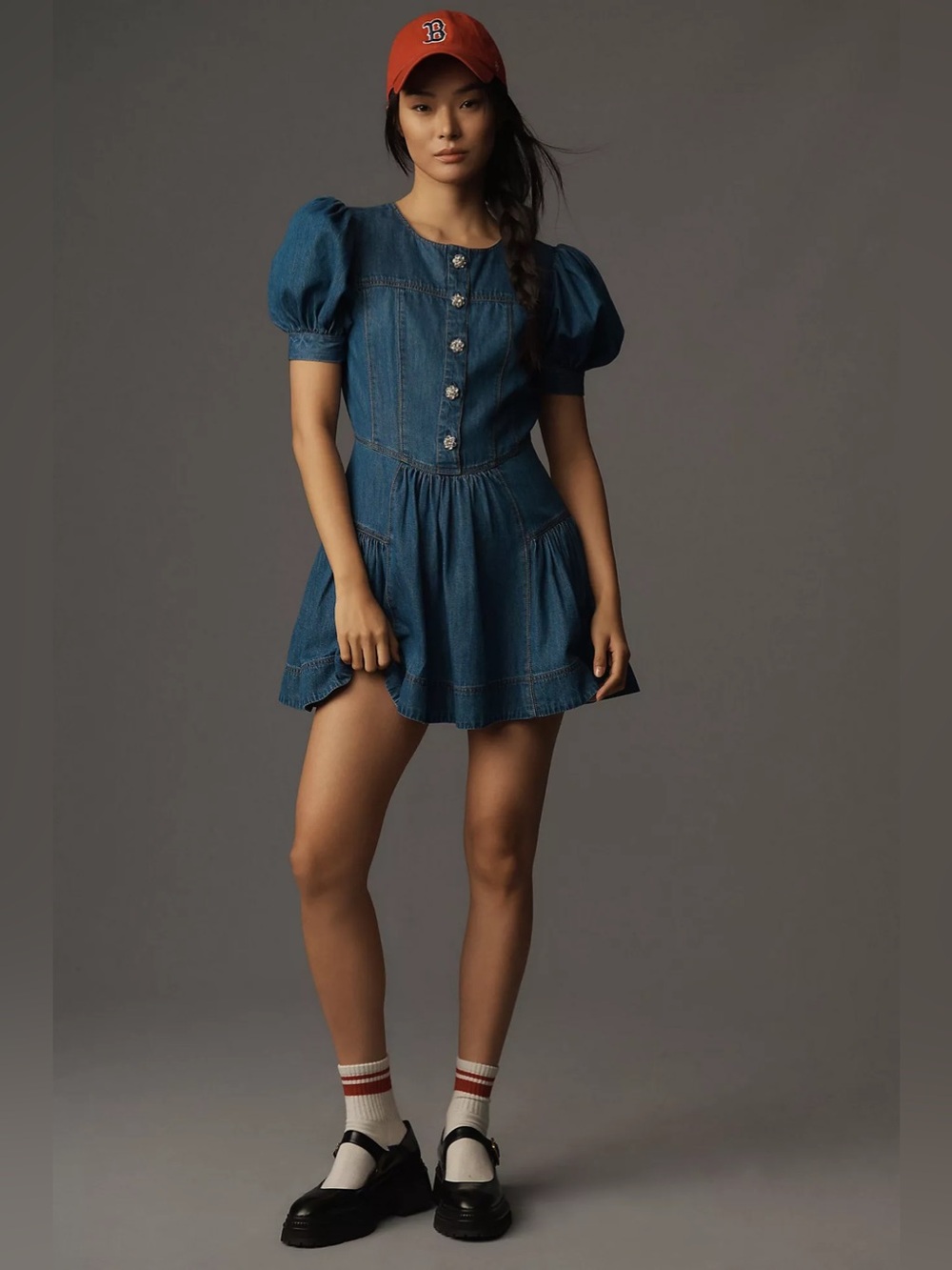 Anthropologie Maeve Puff-Sleeve Tiered Denim Mini Dress Sz 6